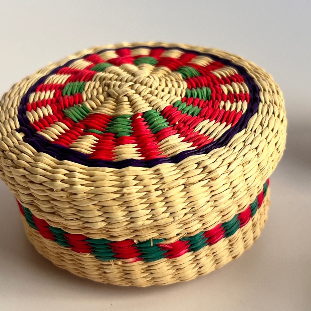 Vintage Handwoven Straw Trinket Basket with Lid Red Green Purple Boho Decor